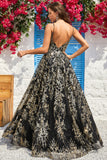 A Línea Correas de Espagueti Negro Dorado Vestido de Graduación