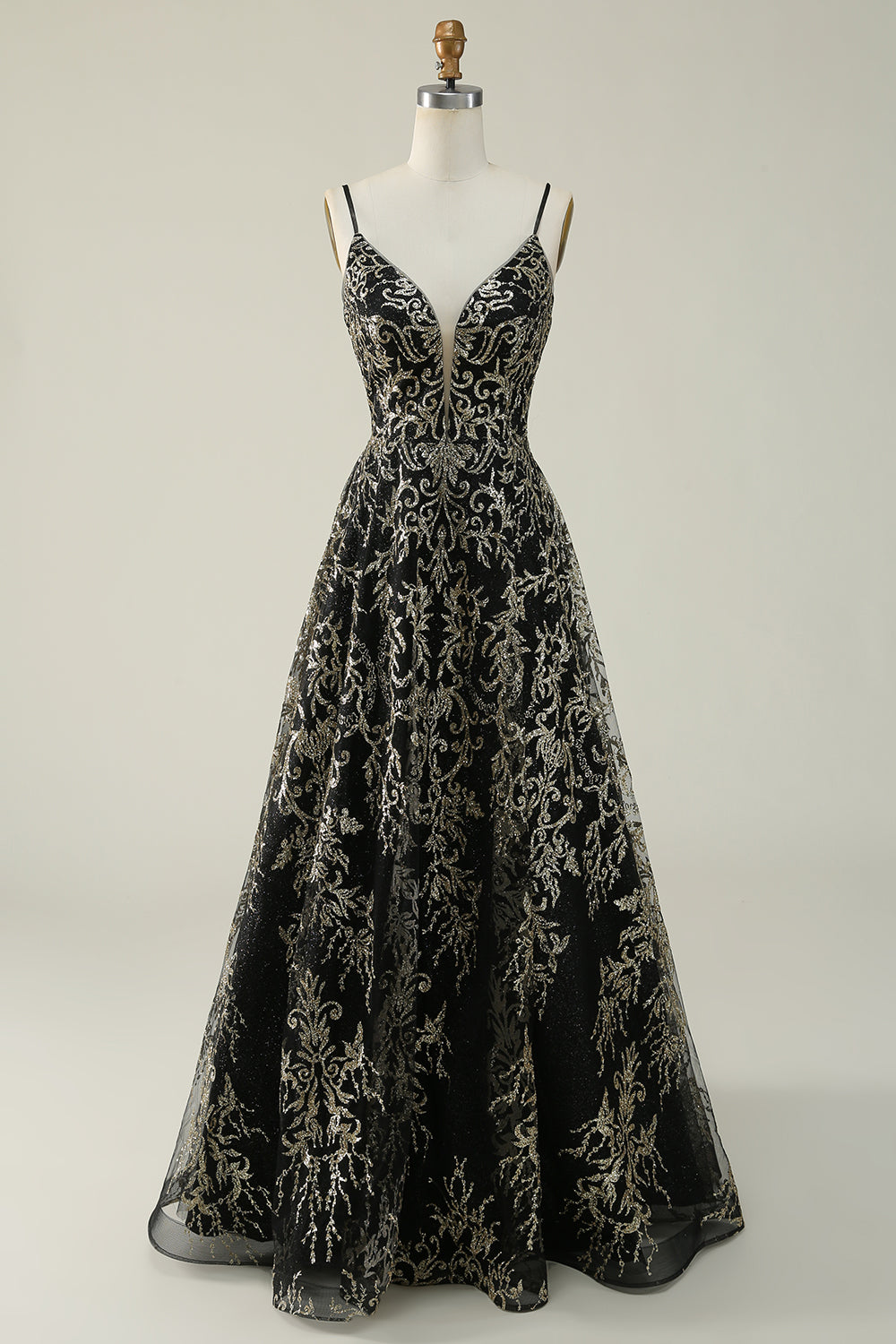 Negro Dorado Tirantes de Espagueti Vestido de Fiesta