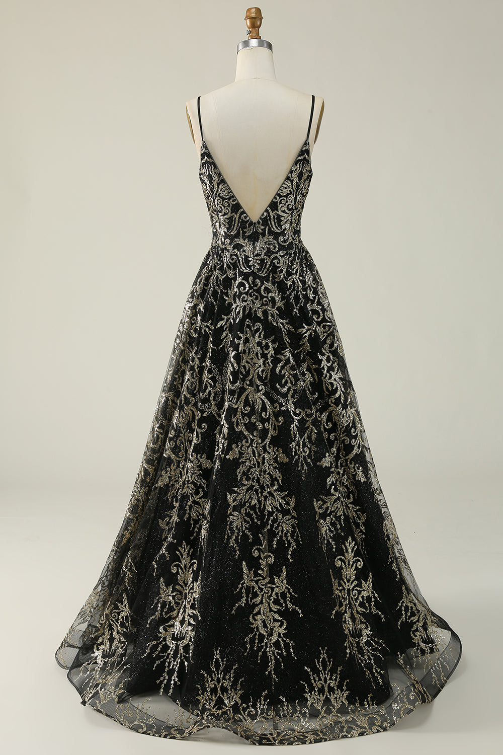 Negro Dorado Tirantes de Espagueti Vestido de Fiesta