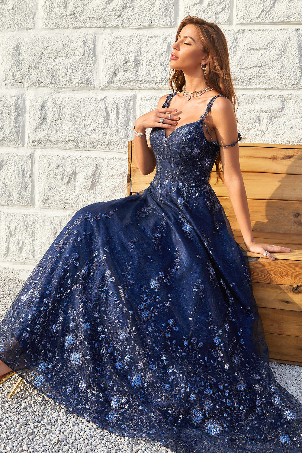 Fuera del Hombro Azul Marino Vestido de Graduación Con Apliques