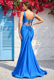Tirantes de Espagueti Sirena Azul Vestido de Fiesta Con Espalda Abierta