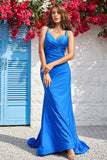 Tirantes de Espagueti Sirena Azul Vestido de Fiesta Con Espalda Abierta