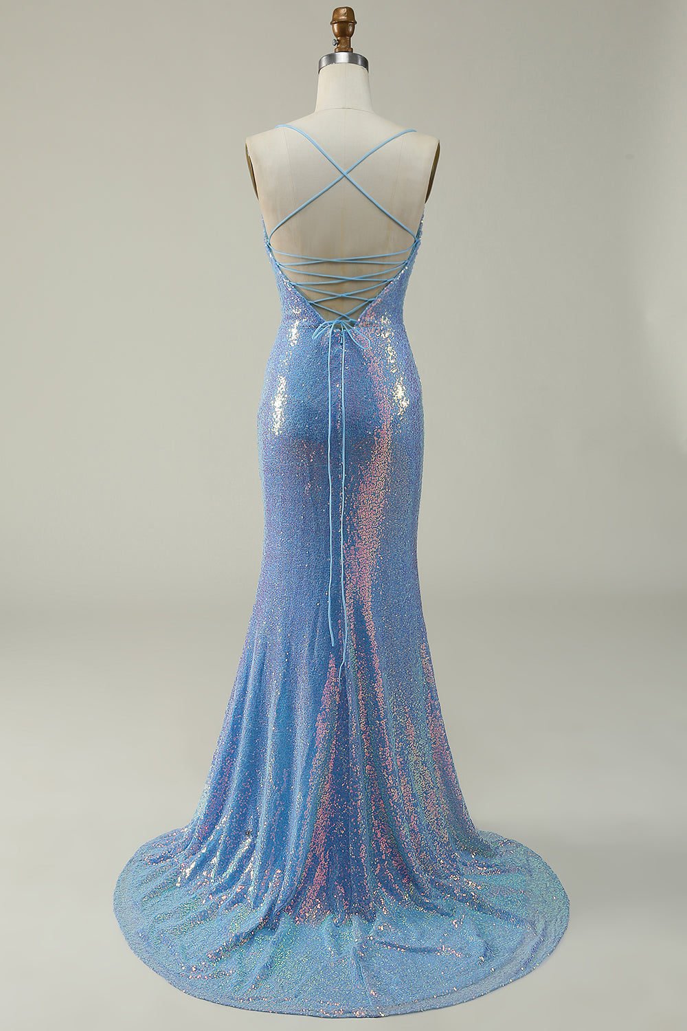 Correas de Espagueti Lentejuelas Azul Vestido de Fiesta Sirena