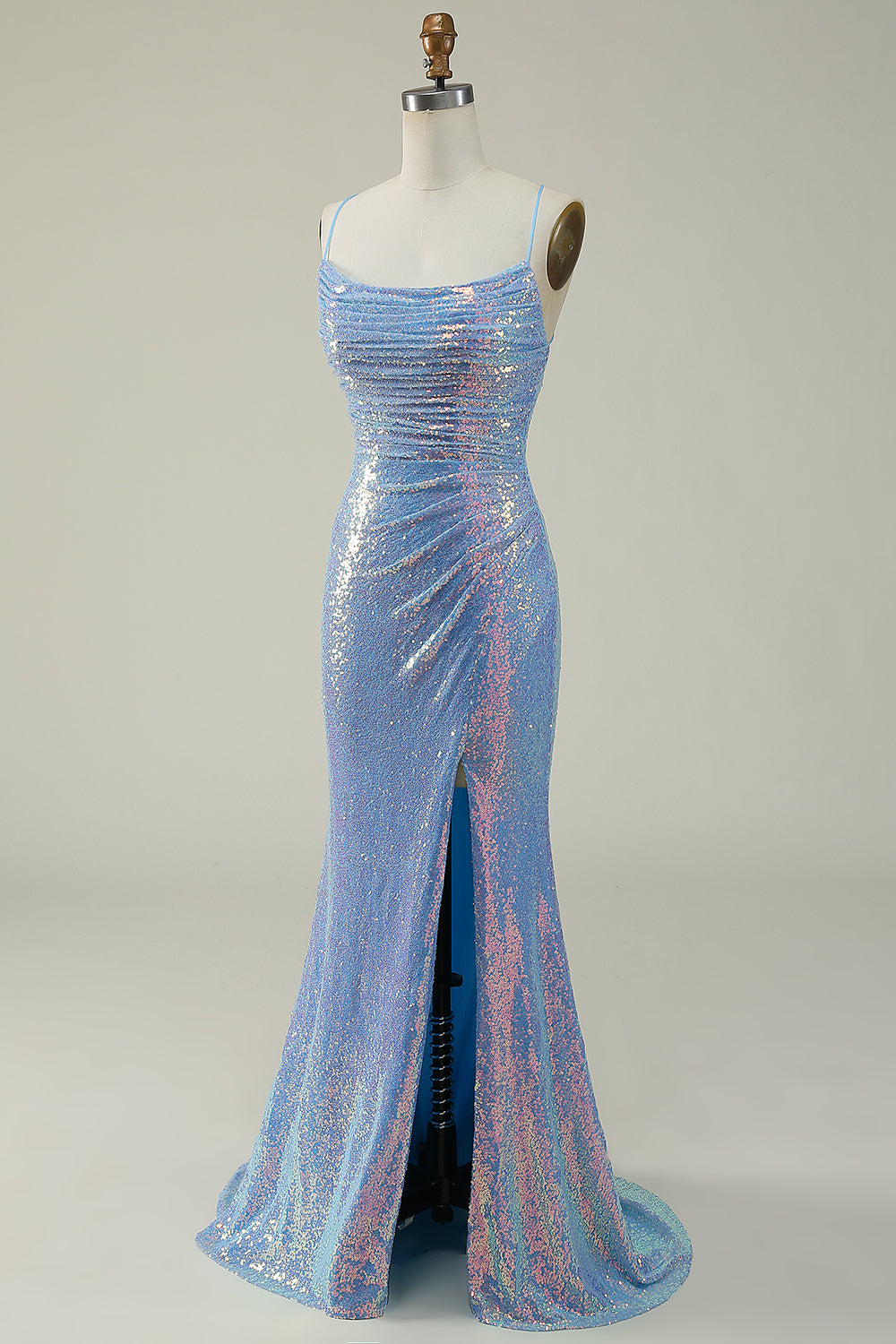Correas de Espagueti Lentejuelas Azul Vestido de Fiesta Sirena