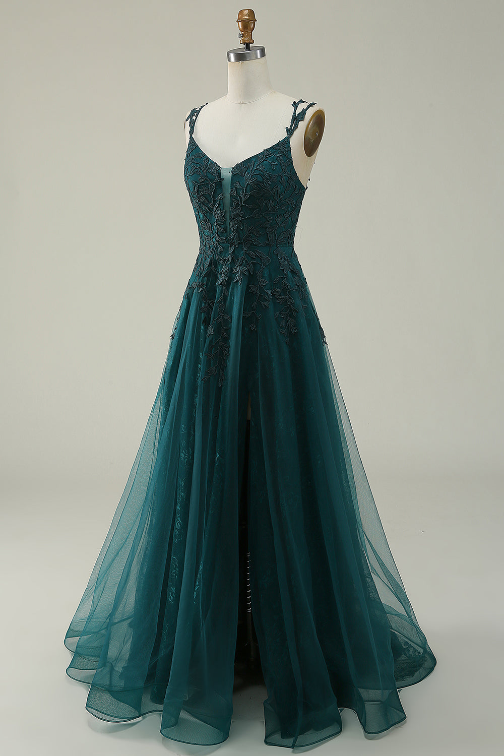 Correas de Espagueti Verde Oscuro Vestido de Gradaución Con Apliques