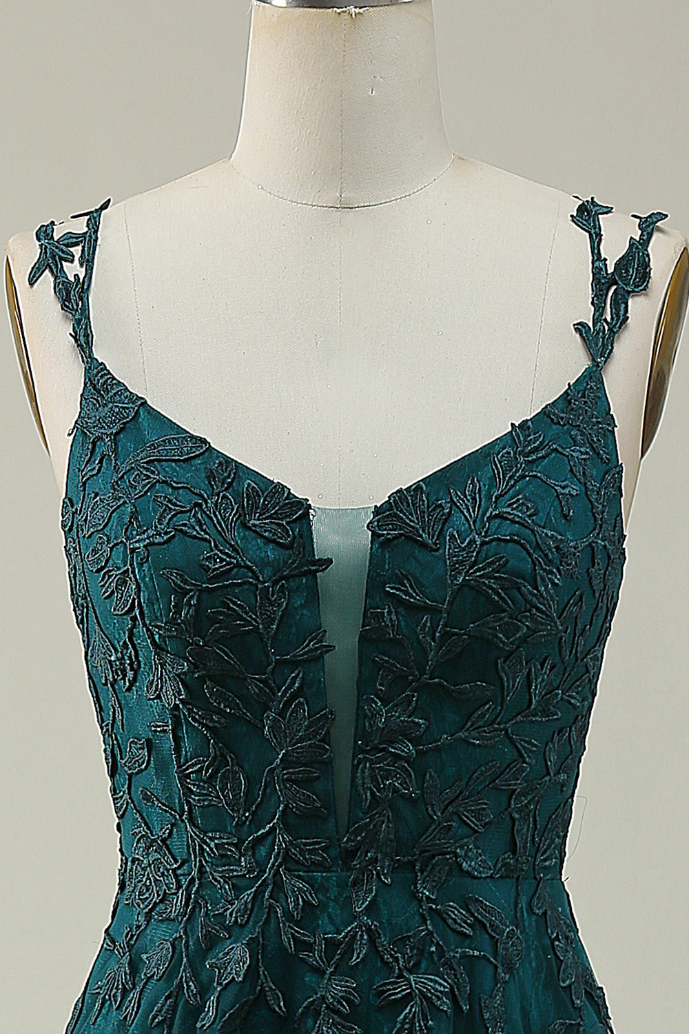 Correas de Espagueti Verde Oscuro Vestido de Gradaución Con Apliques
