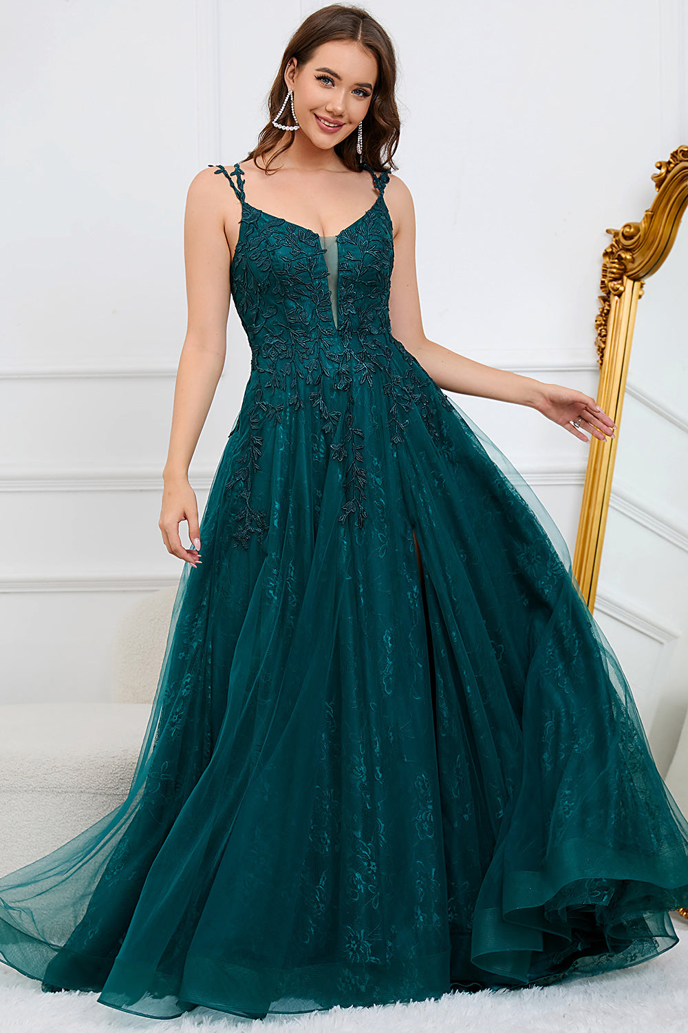 A Línea Correas de Espagueti Verde Oscuro Vestido de Fiesta