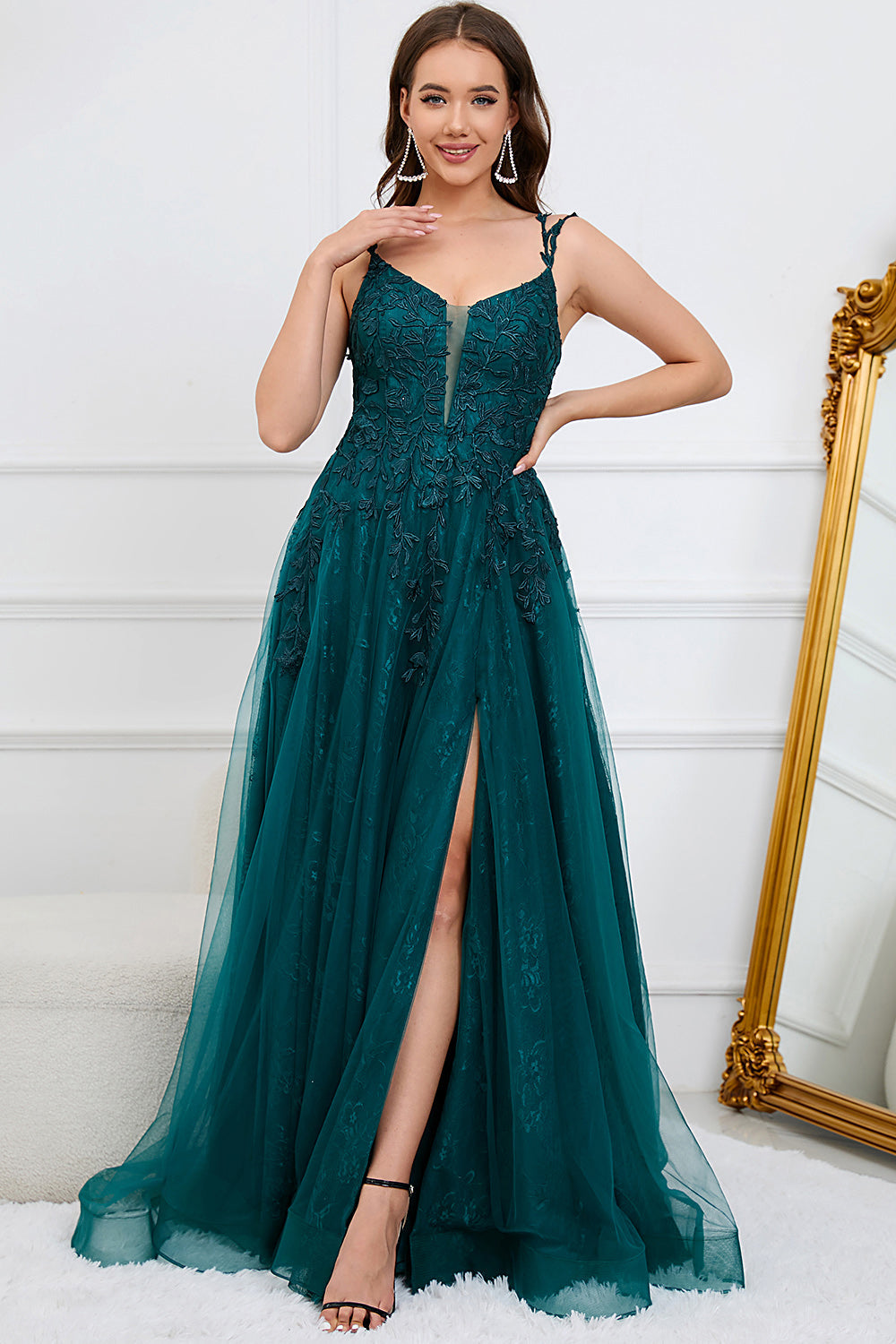 A Línea Correas de Espagueti Verde Oscuro Vestido de Fiesta