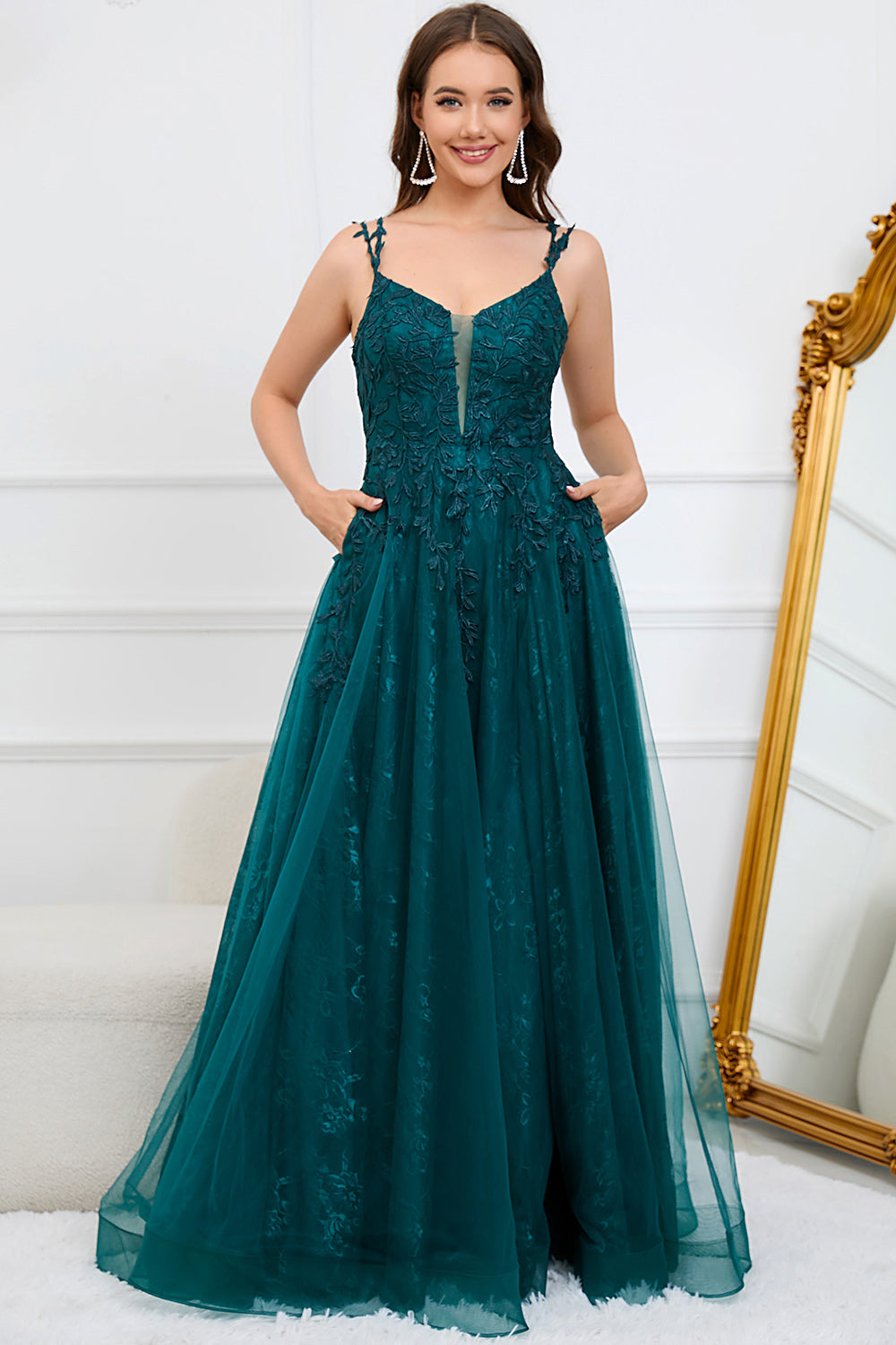 A Línea Correas de Espagueti Verde Oscuro Vestido de Fiesta