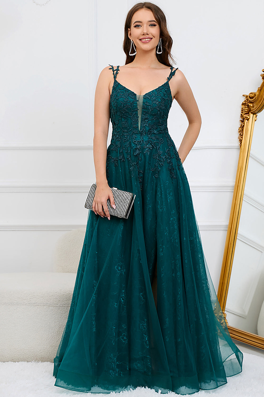 A Línea Correas de Espagueti Verde Oscuro Vestido de Fiesta