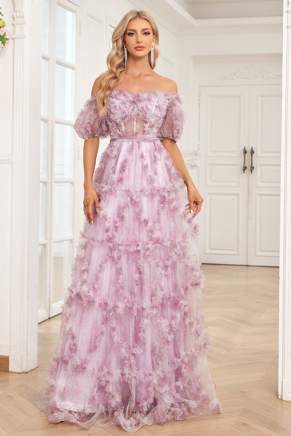 Vestido Largo de Graduación Púrpura Estampado