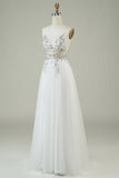 Precioso A Line Spaghetti Straps White Tulle Long Wedding Dress con abalorios