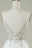 Precioso A Line Spaghetti Straps White Tulle Long Wedding Dress con abalorios
