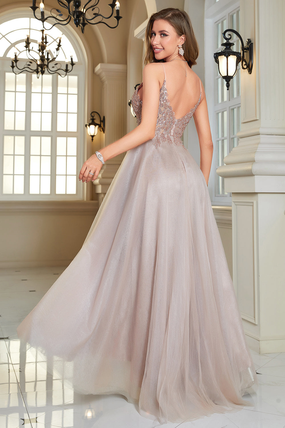 Rosa A-Línea Tul Vestido de Fiesta Con Encaje