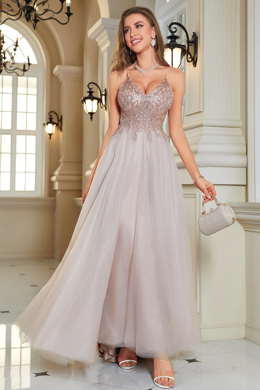 Rosa A-Línea Tul Vestido de Fiesta Con Encaje
