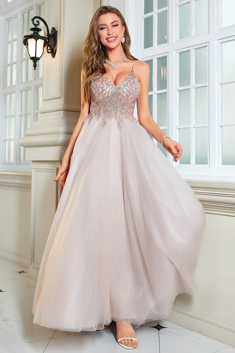 Rosa A-Línea Tul Vestido de Fiesta Con Encaje