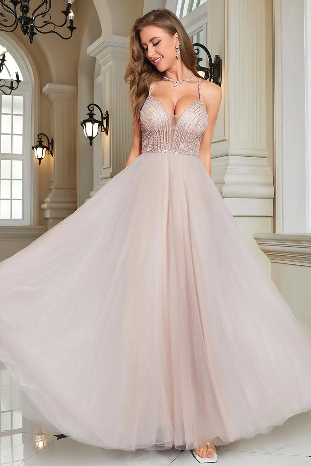 Vestido Formal Con Cuentas A-Línea Sin Espalda