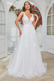 Ivory V-Neck Sweep Train Vestido de novia con encaje