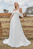 Off The Shoulder Ivory Boho Chiffon Ruched A Line Vestido de novia