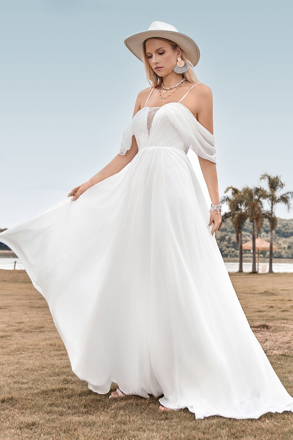 Off The Shoulder Ivory Boho Chiffon Ruched A Line Vestido de novia