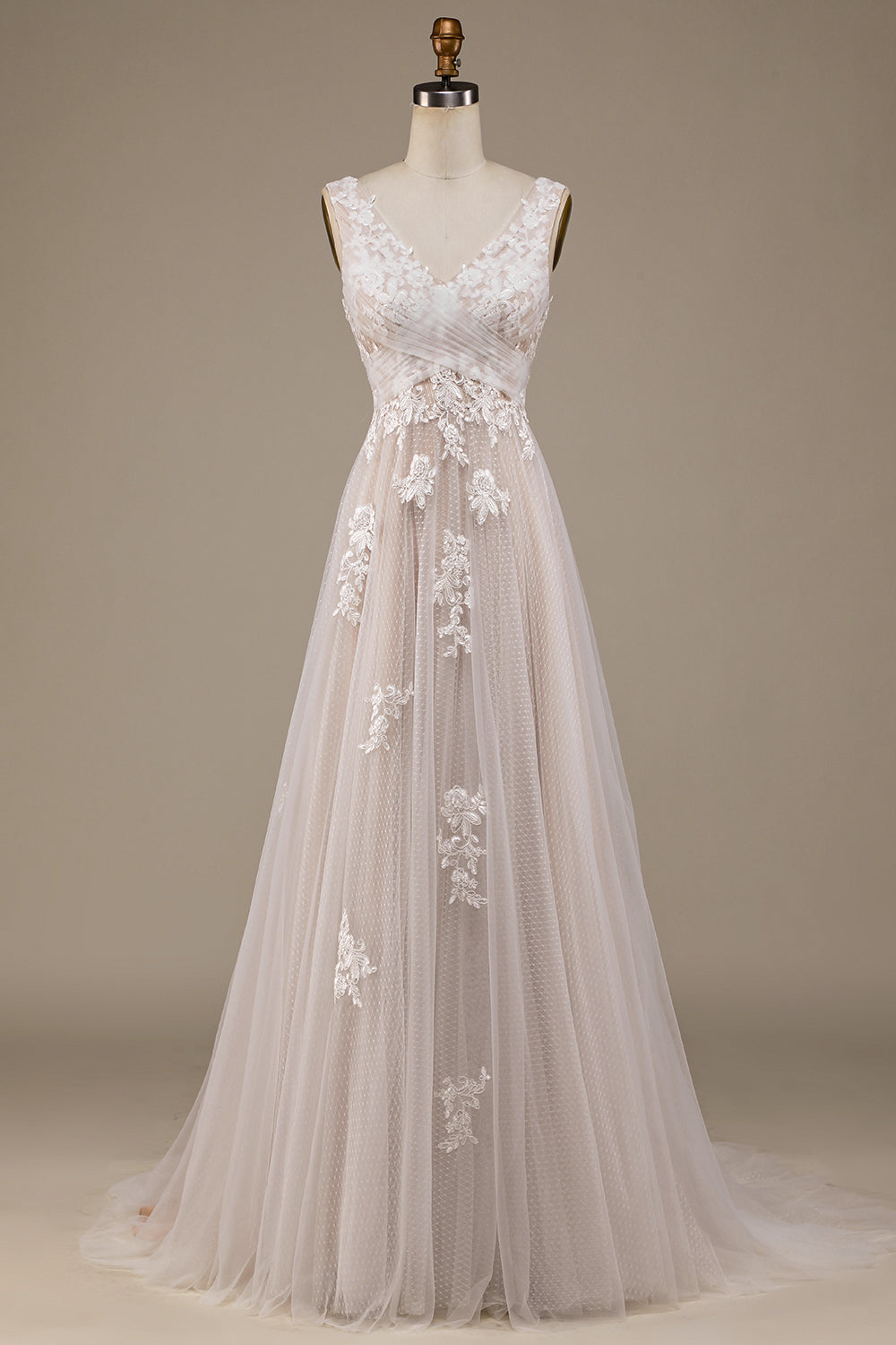 Vestido de novia Apricot Tulle Sweep Train con encaje
