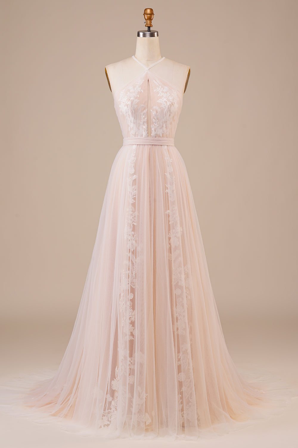 Tul Halter Keyhole Champagne Vestido de novia con apliques