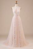 Tul Halter Keyhole Champagne Vestido de novia con apliques