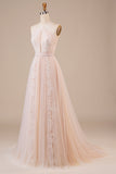 Tul Halter Keyhole Champagne Vestido de novia con apliques