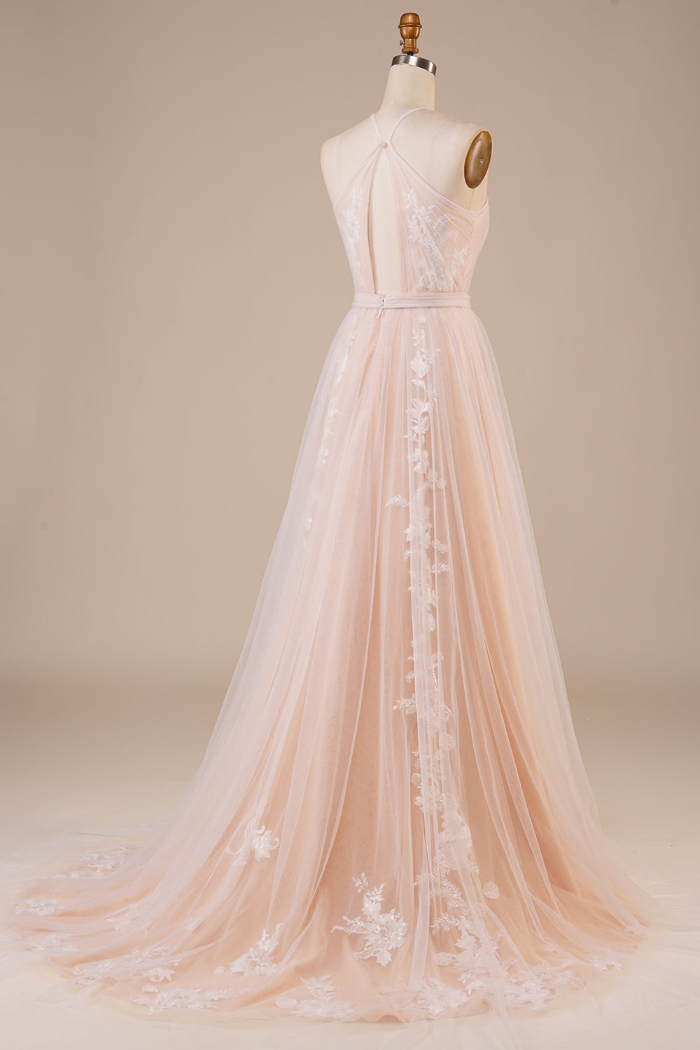 Tul Halter Keyhole Champagne Vestido de novia con apliques