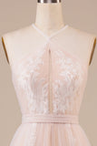 Tul Halter Keyhole Champagne Vestido de novia con apliques