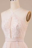Tul Halter Keyhole Champagne Vestido de novia con apliques