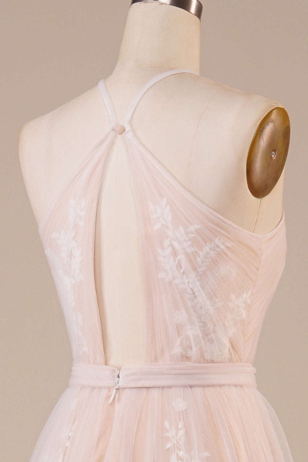 Tul Halter Keyhole Champagne Vestido de novia con apliques
