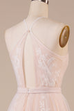 Tul Halter Keyhole Champagne Vestido de novia con apliques