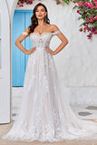 Desmontable Off the Shoulder Corsé Tul A Line Vestido de novia