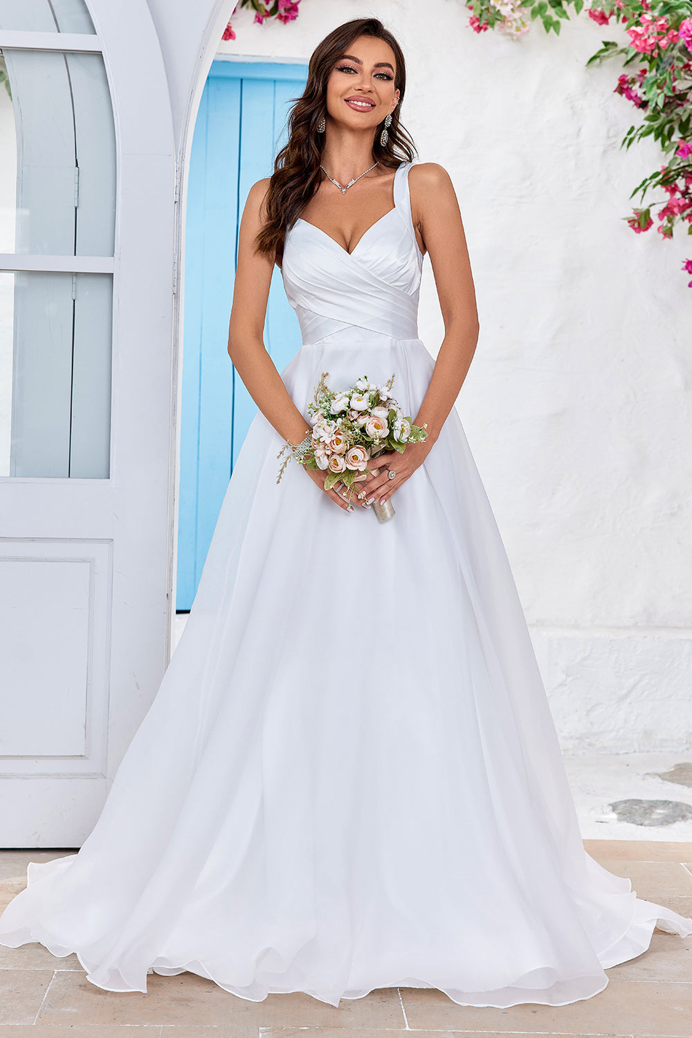 Simple Ivory Organza Scoop Neck Sweep Train A Line Vestido de novia
