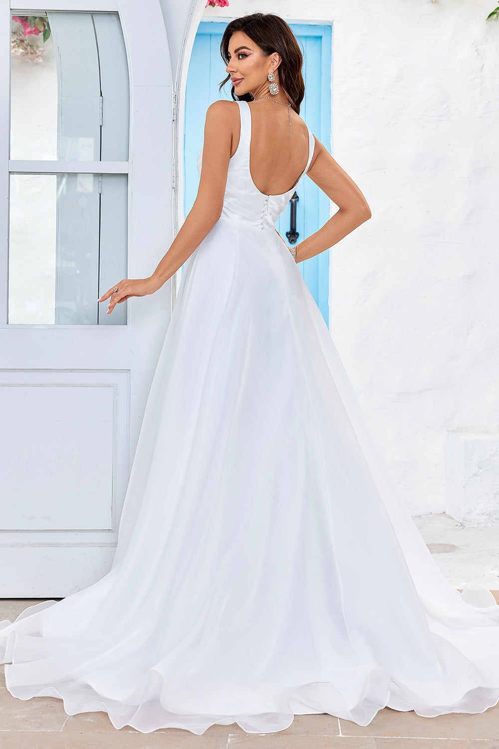 Simple Ivory Organza Scoop Neck Sweep Train A Line Vestido de novia