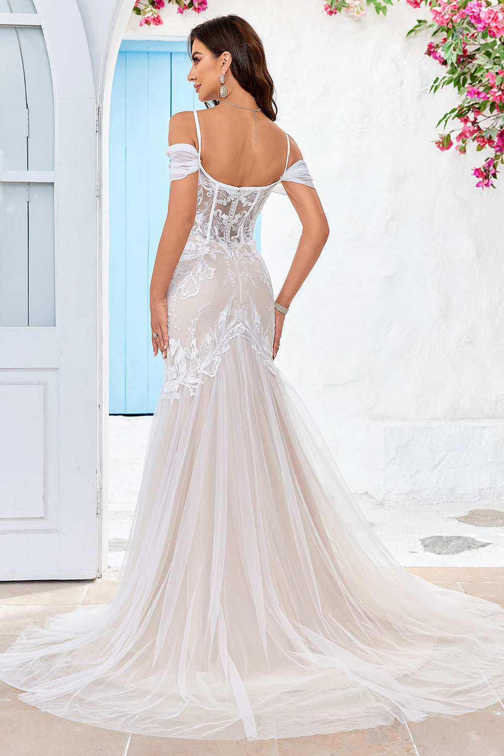 Cold Shoulder Tulle Corset Mermaid Vestido de novia con apliques
