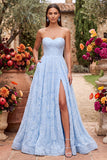 Vestido largo de graduación azul con tirantes sin tirantes florales con cuentas y abertura