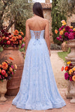 Vestido largo de graduación azul con tirantes sin tirantes florales con cuentas y abertura