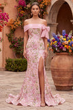 Vestido de baile rosa bordado con bordado de sirena al hombro y abertura lateral