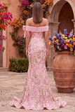Vestido de baile rosa bordado con bordado de sirena al hombro y abertura lateral