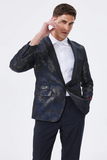 Chal de jacquard azul marino oscuro con solapa Blazer de fiesta para hombre