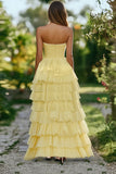 Vestido de fiesta largo con volantes de gasa narciso