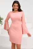 Vestido de cóctel midi midi rosa ajustado con cuello redondo y manga larga