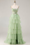 Corsé verde A Line sin tirantes Vestido largo de tul con volantes y abertura