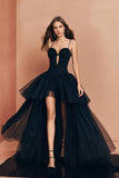 Vestido de fiesta negro con tirantes de espagueti de línea A con volantes altos-bajos