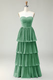 Vestido de dama de honor largo plisado sin tirantes de color rosa rubor