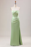Corsé de vaina verde vestido de dama de honor largo sin tirantes con abertura