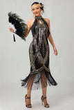 Vestido de lentejuelas doradas negras con halter bodycon de los años 20 con flecos