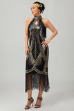 Vestido de lentejuelas doradas negras con halter bodycon de los años 20 con flecos